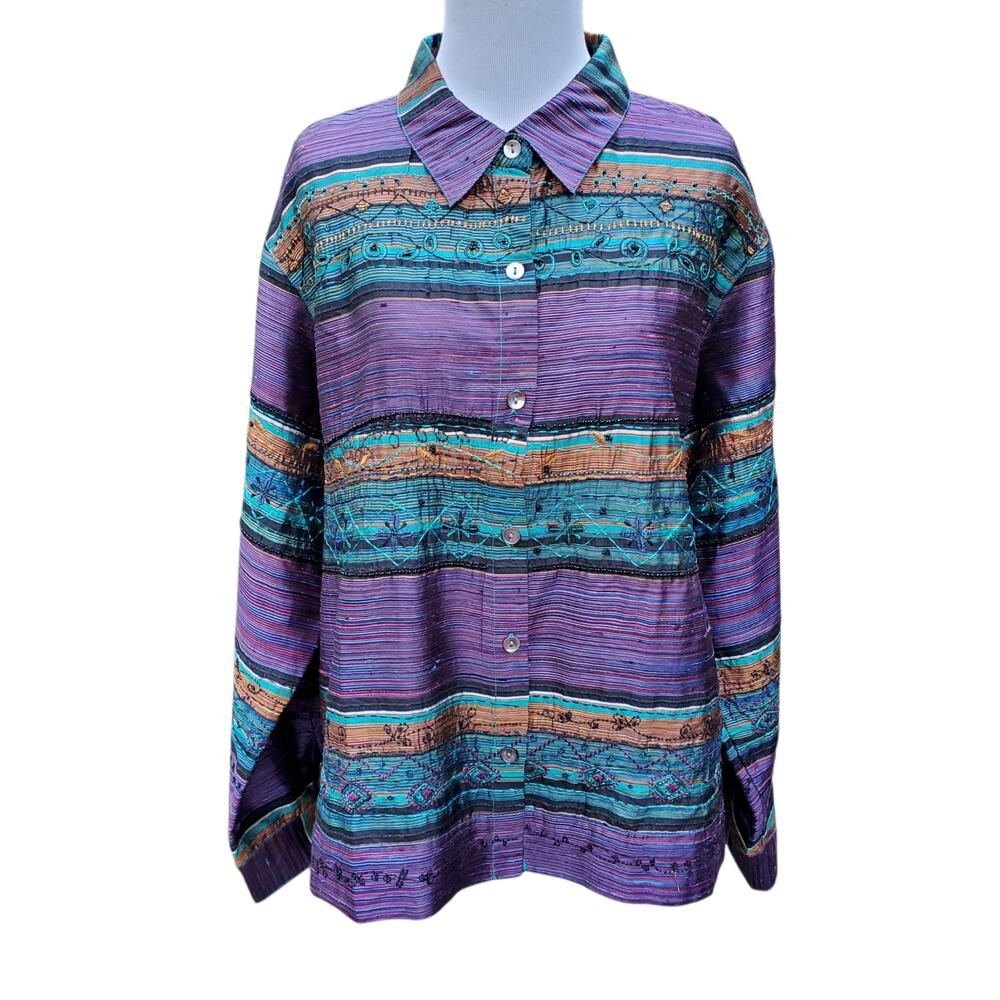 Chico's Design Sz 3 Silk Top Artsy Art to Wear Beaded Button Up Chicos XL 16